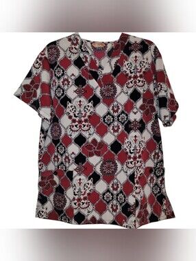 Silky Scrubs Short Slv Medical Top w Pockets Women Medium Maroon White Geometric